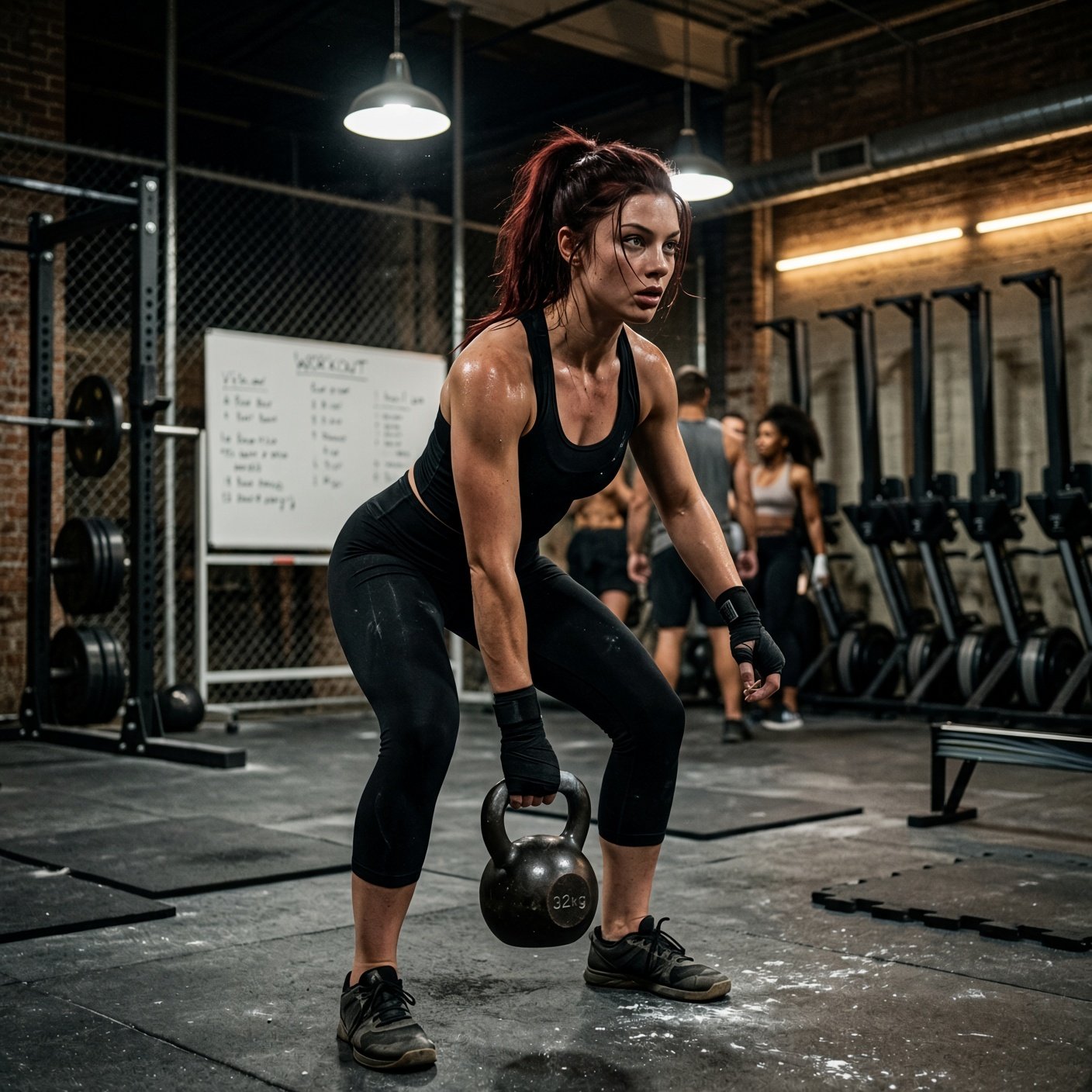 A sweaty woman with dark red hair in a ponytail, wearing black workout clothes and wrist wraps, swings a 32 kg kettlebell in a brick-walled industrial gym. A squat rack, rowing machines, and a workout whiteboard are behind her.
