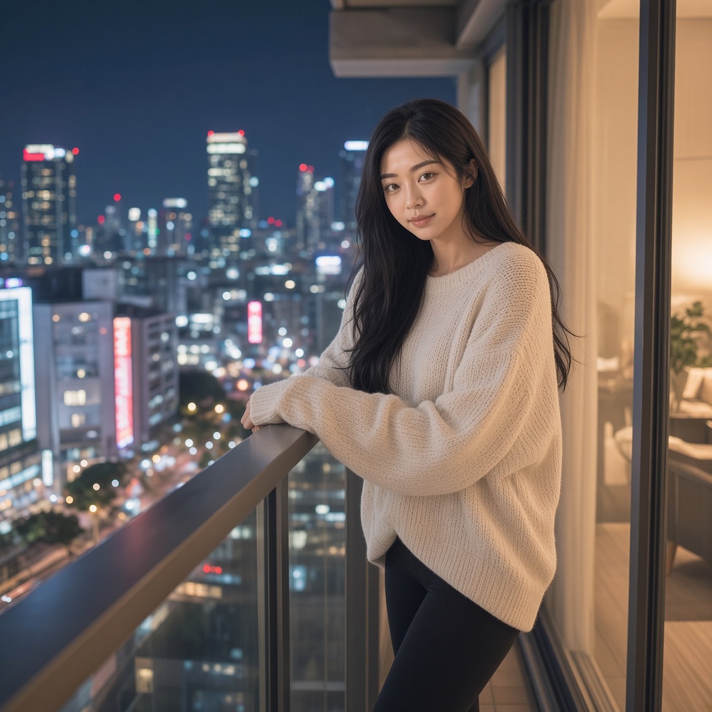 Woman in an oversized cream knit sweater and black leggings leaning on a balcony railing with a city skyline at night