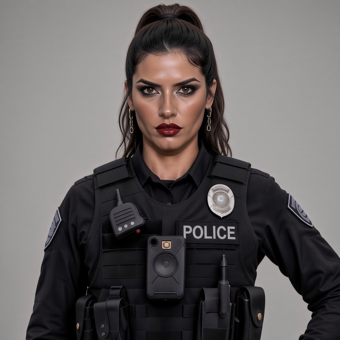 Female police officer against a plain grey background. Long dork hair in a high ponytail, and black uniform.