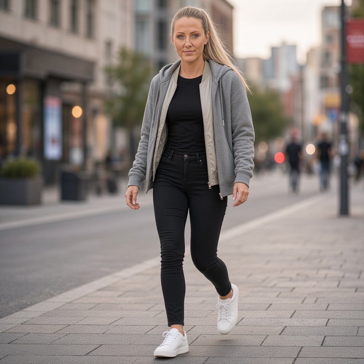 A woman with a blond ponytail walks along a city sidewalk in a gray hoodie over a beige bomber jacket, black top, black jeans, and white sneakers. Blurred buildings and pedestrians fill the background.