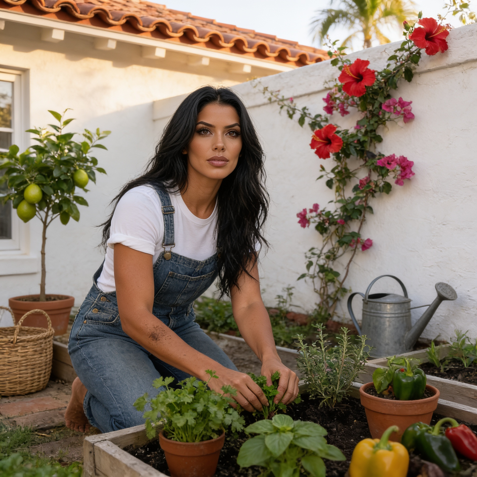 Valentina Rios kneels in a raised garden bed in denim overalls and a white tee, tending cilantro and other herbs. Peppers, a lime tree, and hibiscus and bougainvillea on a white stucco wall surround her.