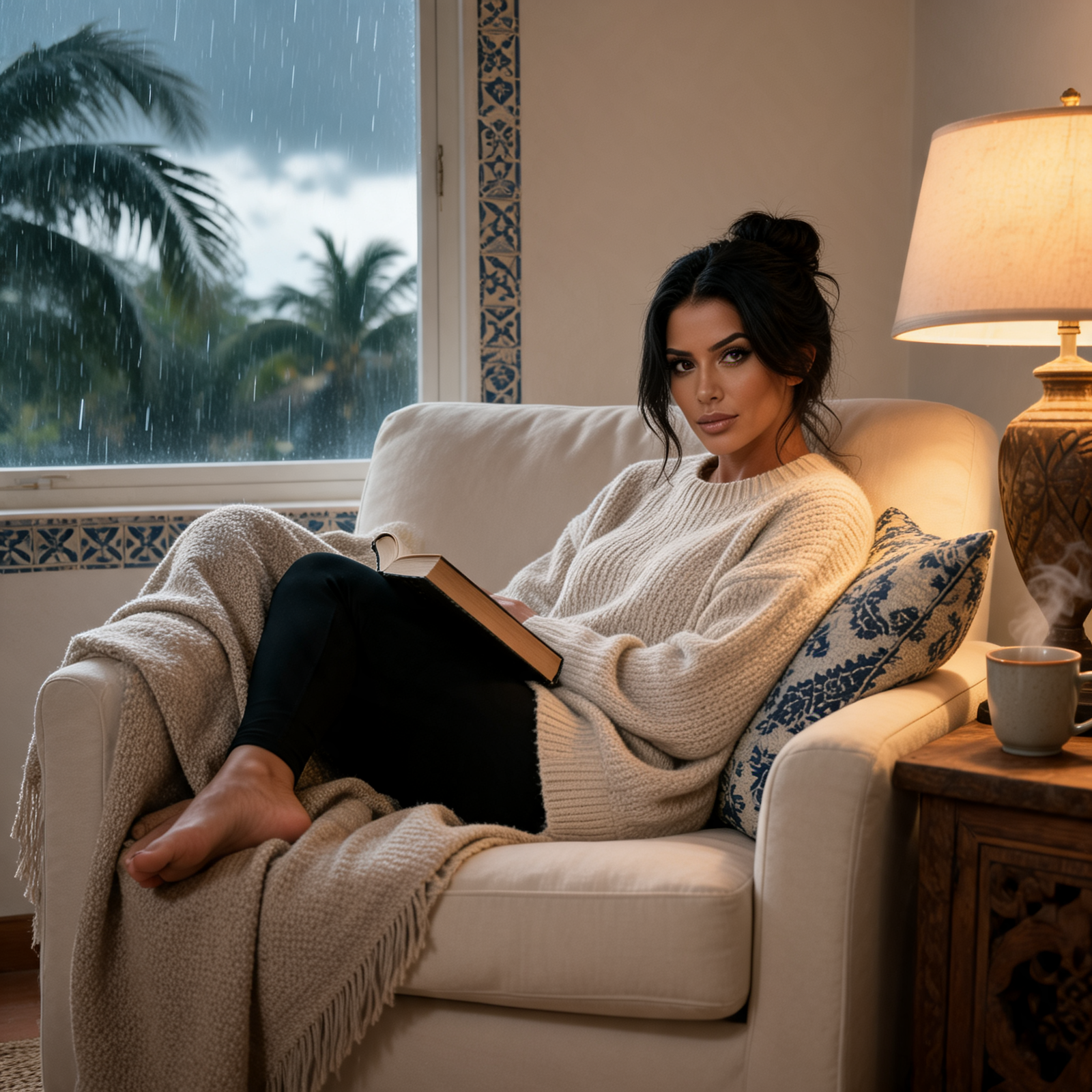 Valentina Rios curls up in a cream armchair with a book and a knit blanket, wearing an oversized sweater and black leggings. Rain and palm trees show through the window beside a glowing lamp and a steaming mug.