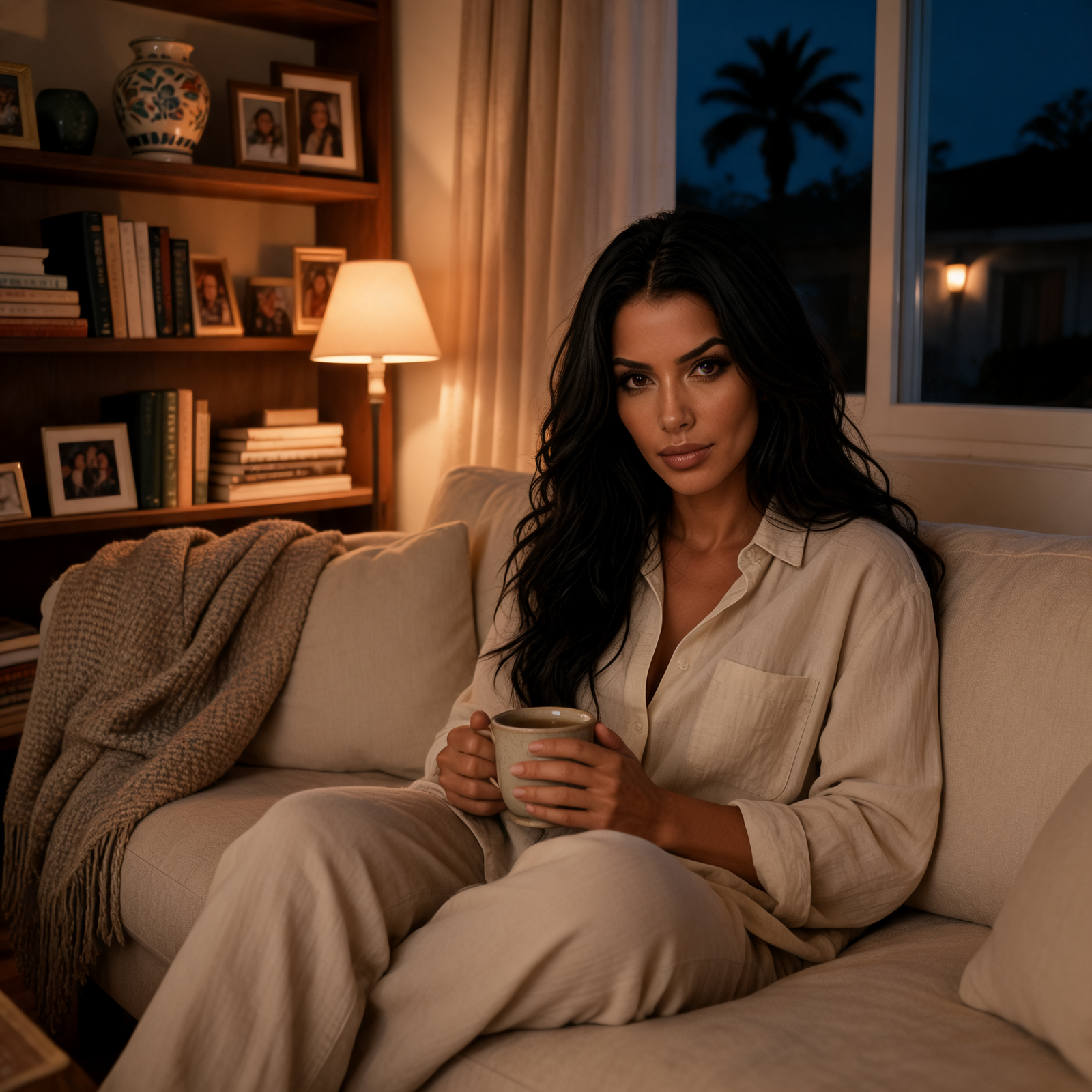 Valentina Rios sits on a cream sofa at night holding a mug of tea, dressed in a soft linen top and pants. A lamp lights a bookshelf of books, family photos, and a painted vase, with a palm silhouette outside the window.