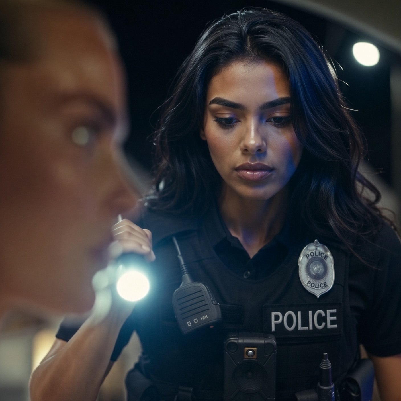 A female police officer with long dark hair, wearing a black uniform with a silver badge, "POLICE" patch, radio, and body camera, holds a flashlight while looking down attentively. A blurred figure stands in the foreground at night.